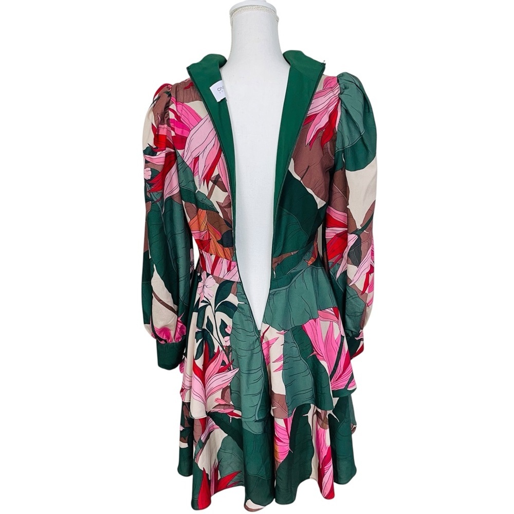 One 33 Social Green Tropical Floral Blouson-Sleeve Tiered Dress 6 - Picture 8 of 11